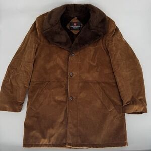 VTG 70s Sears Westminster Club Corduroy Rancher Coat Faux Fur Lined Brown‎ 42